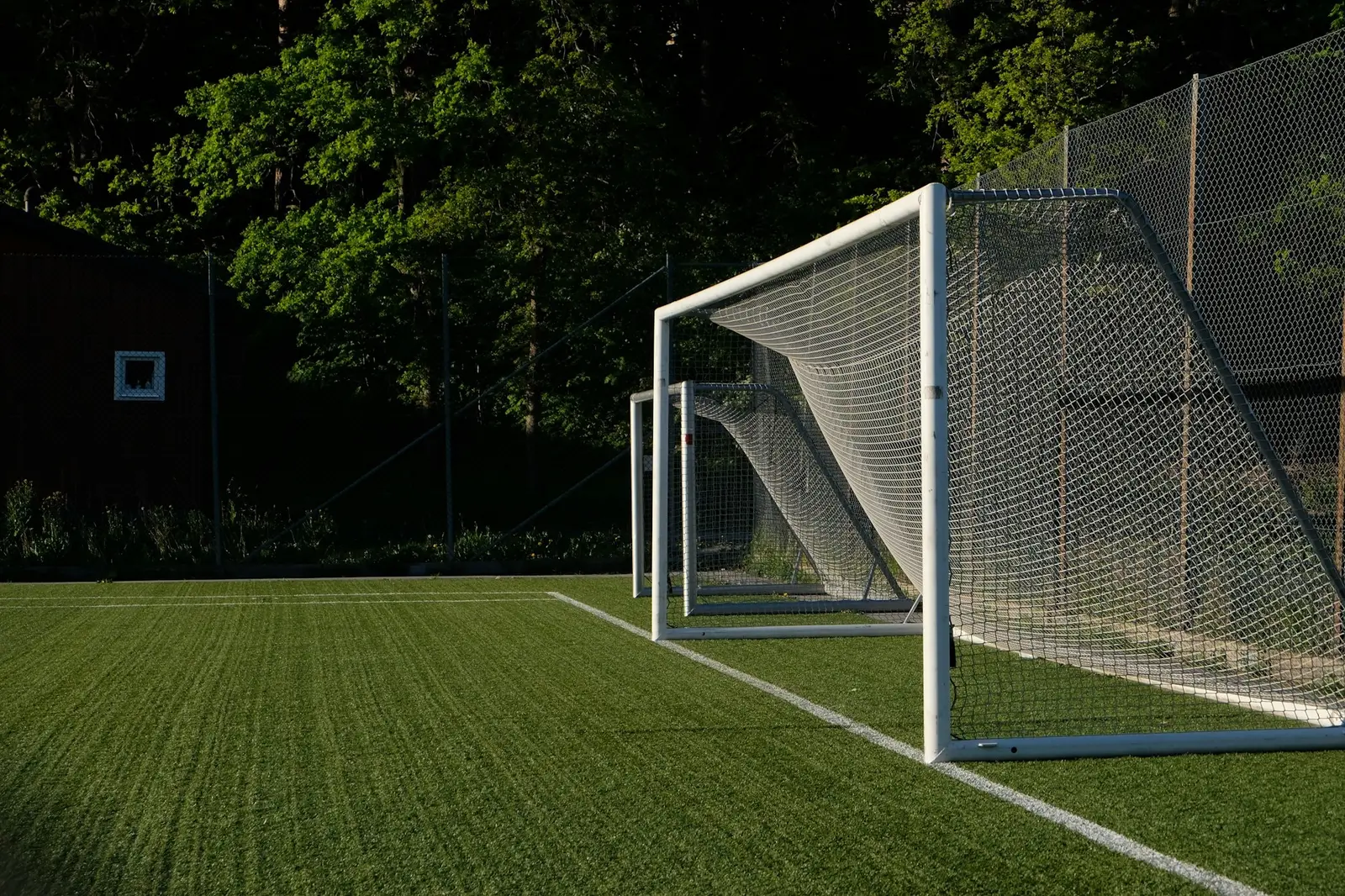 Ein leeres Fußballtor auf einem grünen Sportplatz