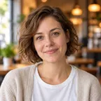 KI-generiertes illustratives Porträt einer Frau um 31 mit kurzen gewellten braunen Haaren
