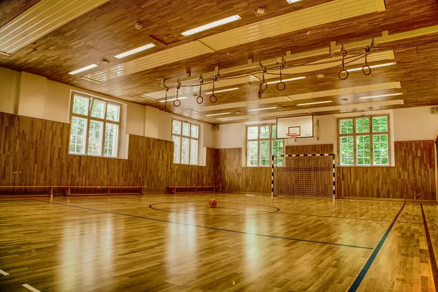 Leere Turnhalle mit Holzdecke, Ringen, Handballtor und Basketballkorb